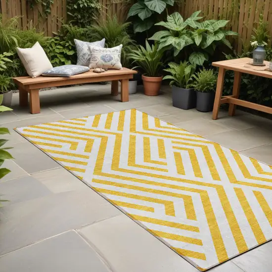 Gold and White Geometric Washable Non Skid Indoor Outdoor Runner Rug Photo 1