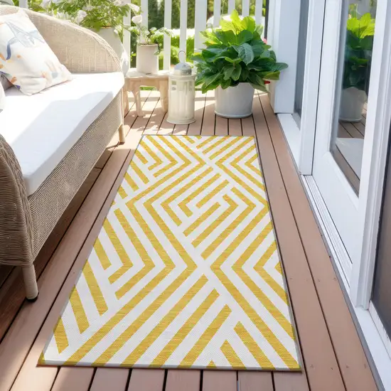 8' Runner Gold and White Geometric Washable Non Skid Indoor Outdoor Runner Rug Photo 8