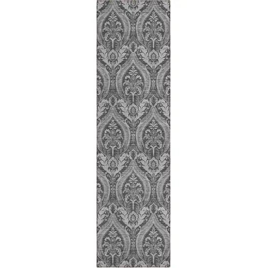 8' Runner Gray Damask Washable Non Skid Indoor Outdoor Runner Rug Photo 2