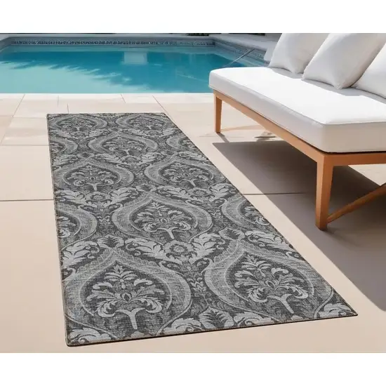 8' Runner Gray Damask Washable Non Skid Indoor Outdoor Runner Rug Photo 1