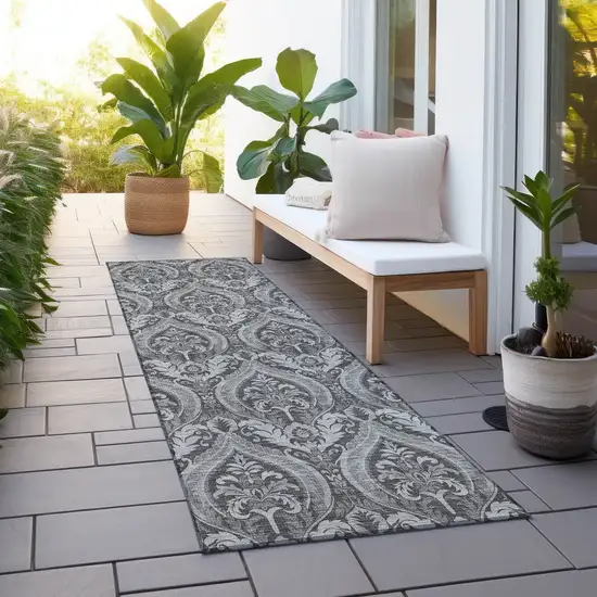 8' Runner Gray Damask Washable Non Skid Indoor Outdoor Runner Rug Photo 8