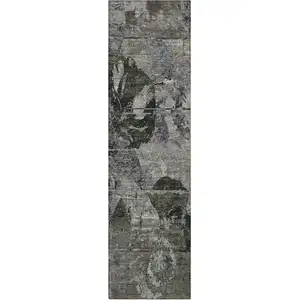 Photo of 8' Runner Gray Dark Green and Black Floral Washable Non Skid Indoor Outdoor Runner Rug