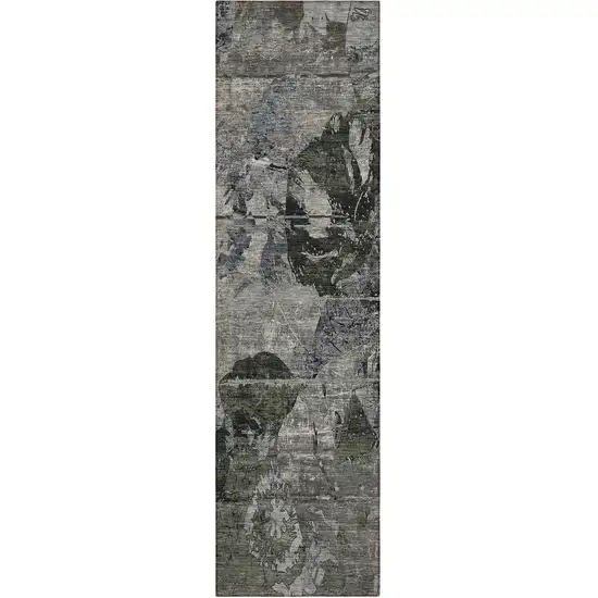 8' Runner Gray Dark Green and Black Floral Washable Non Skid Indoor Outdoor Runner Rug Photo 1