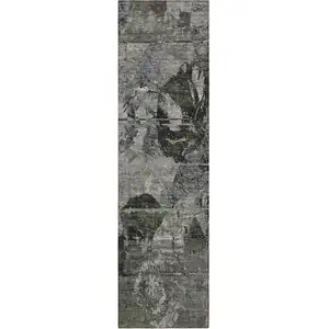 Photo of 8' Runner Gray Dark Green and Black Floral Washable Non Skid Indoor Outdoor Runner Rug