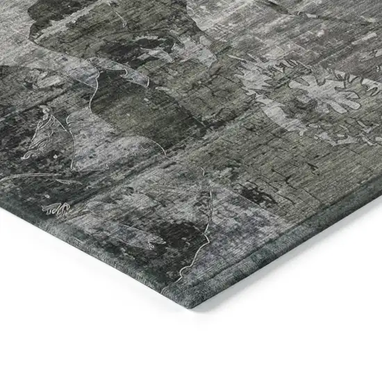 8' Runner Gray Dark Green and Black Floral Washable Non Skid Indoor Outdoor Runner Rug Photo 5