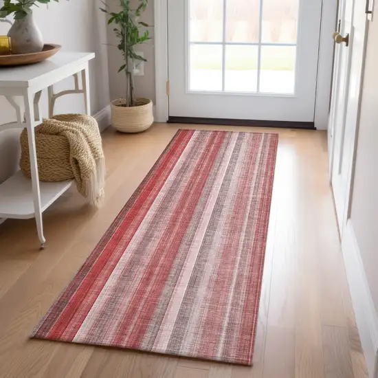 8' Runner Gray Pink and Red Striped Washable Non Skid Indoor Outdoor Runner Rug Photo 9