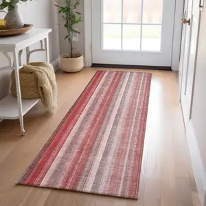 Photo of 8' Runner Gray Pink and Red Striped Washable Non Skid Indoor Outdoor Runner Rug