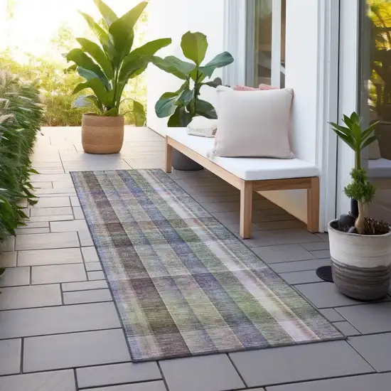 Gray Blue and Green Plaid Washable Non Skid Indoor Outdoor Area Rug Photo 6