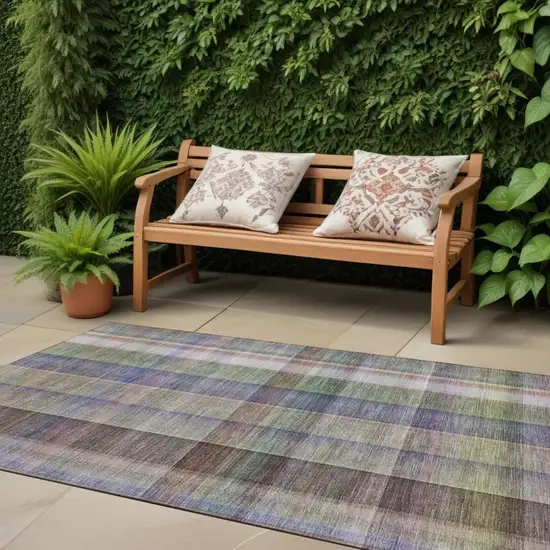 Gray Blue and Green Plaid Washable Non Skid Indoor Outdoor Area Rug Photo 1