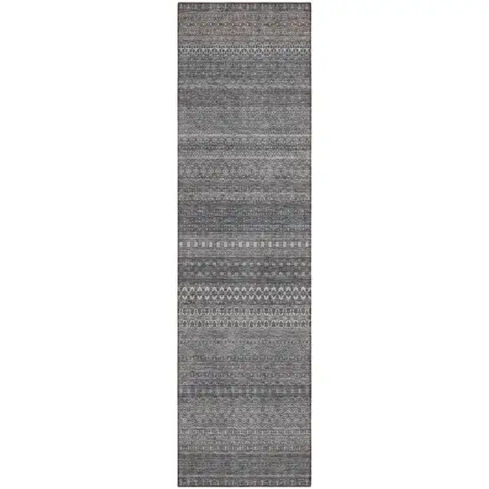 Gray Striped Washable Indoor Outdoor Runner Rug Photo 2