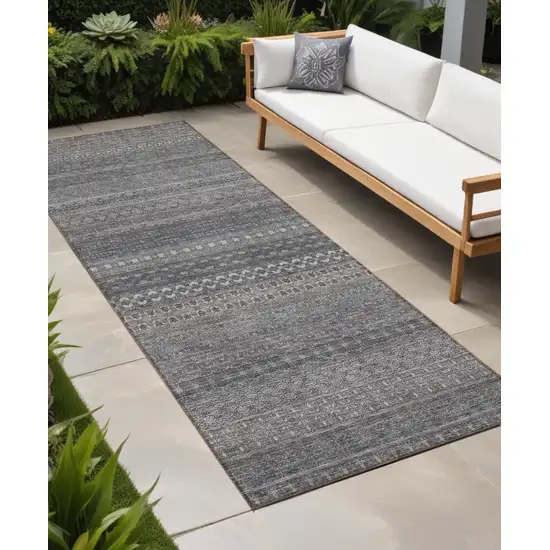 Gray Striped Washable Indoor Outdoor Runner Rug Photo 1