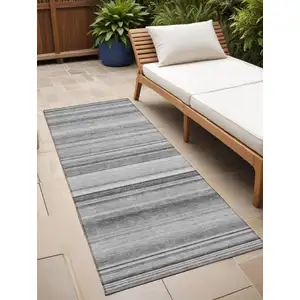 Photo of 8' Runner Gray Striped Washable Non Skid Indoor Outdoor Runner Rug