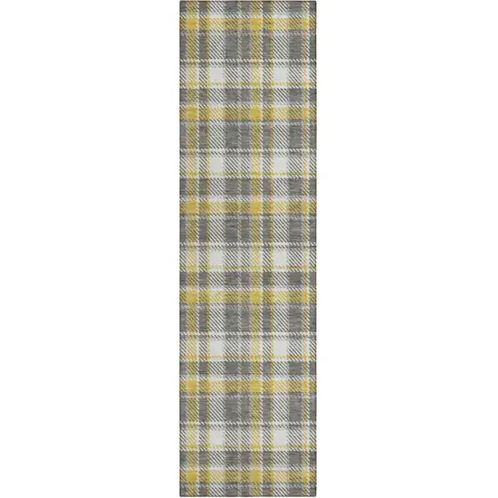 8' Runner Gray Yellow and White Plaid Washable Non Skid Indoor Outdoor Runner Rug Photo 2