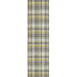 Photo of 8' Runner Gray Yellow and White Plaid Washable Non Skid Indoor Outdoor Runner Rug