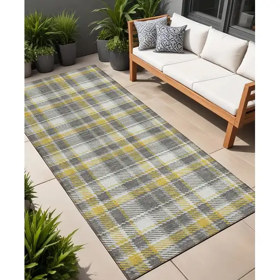 Gray Yellow and White Plaid Washable Non Skid Indoor Outdoor Runner Rug Photo 1