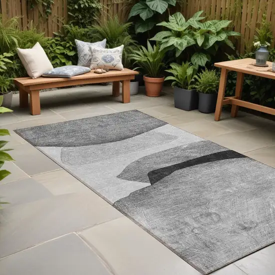 Gray and Black Abstract Washable Non Skid Indoor Outdoor Runner Rug Photo 1