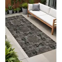 Photo of 8' Runner Gray and Black Floral Medallion Washable Non Skid Indoor Outdoor Runner Rug