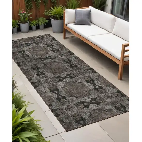 8' Runner Gray and Black Floral Medallion Washable Non Skid Indoor Outdoor Runner Rug Photo 1