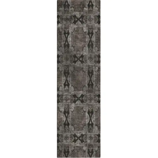 8' Runner Gray and Black Floral Medallion Washable Non Skid Indoor Outdoor Runner Rug Photo 2