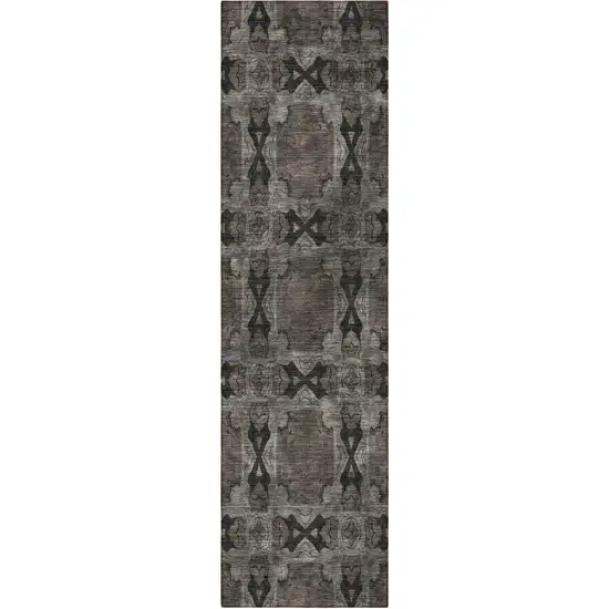 8' Runner Gray and Black Floral Medallion Washable Non Skid Indoor Outdoor Runner Rug Photo 5