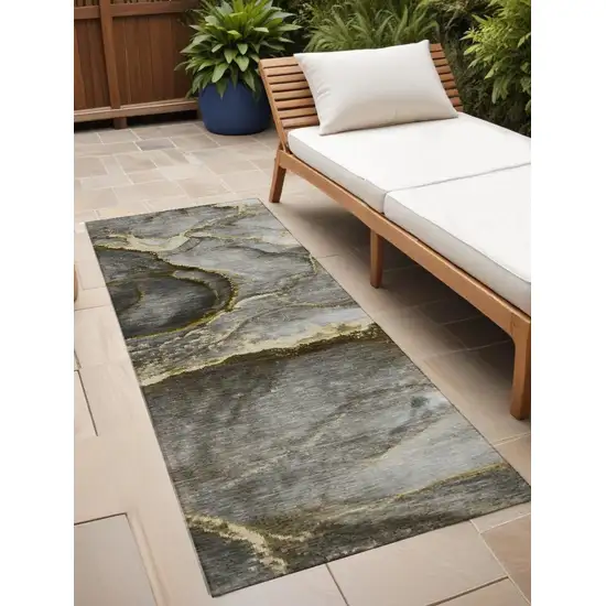 8' Runner Gray and Gold Abstract Washable Non Skid Indoor Outdoor Runner Rug Photo 1