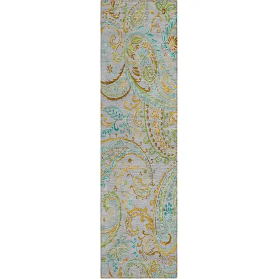 Gray and Gold Paisley Washable Non Skid Indoor Outdoor Runner Rug Photo 2