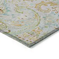 Photo of 8' Runner Gray and Gold Paisley Washable Non Skid Indoor Outdoor Runner Rug