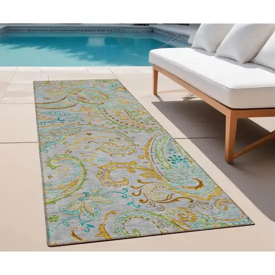 Gray and Gold Paisley Washable Non Skid Indoor Outdoor Runner Rug Photo 1