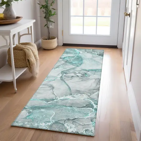 Gray and Ivory Abstract Washable Non Skid Indoor Outdoor Runner Rug Photo 9