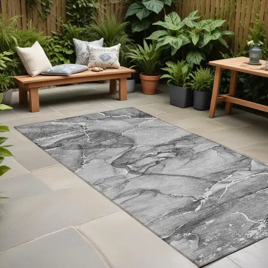 Gray and Ivory Abstract Washable Non Skid Indoor Outdoor Runner Rug Photo 1