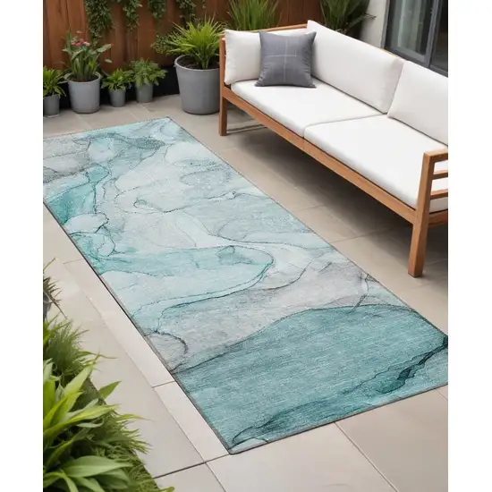 8' Runner Gray and Ivory Abstract Washable Non Skid Indoor Outdoor Runner Rug Photo 1