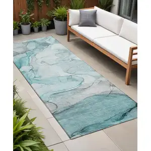 Photo of 8' Runner Gray and Ivory Abstract Washable Non Skid Indoor Outdoor Runner Rug