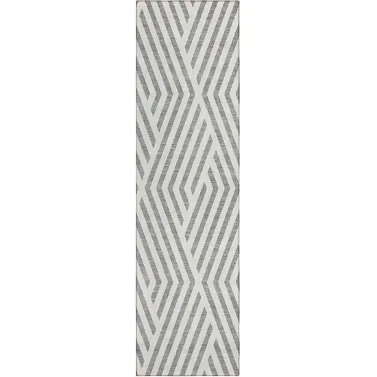 8' Runner Gray and Ivory Geometric Washable Non Skid Indoor Outdoor Runner Rug Photo 2