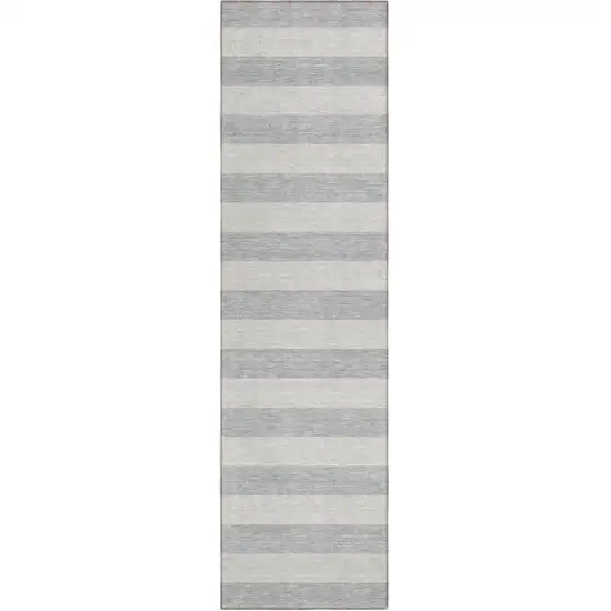 8' Runner Gray and Ivory Striped Washable Non Skid Indoor Outdoor Runner Rug Photo 2