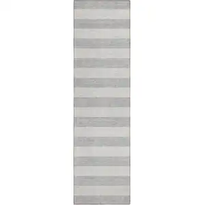 Photo of 8' Runner Gray and Ivory Striped Washable Non Skid Indoor Outdoor Runner Rug