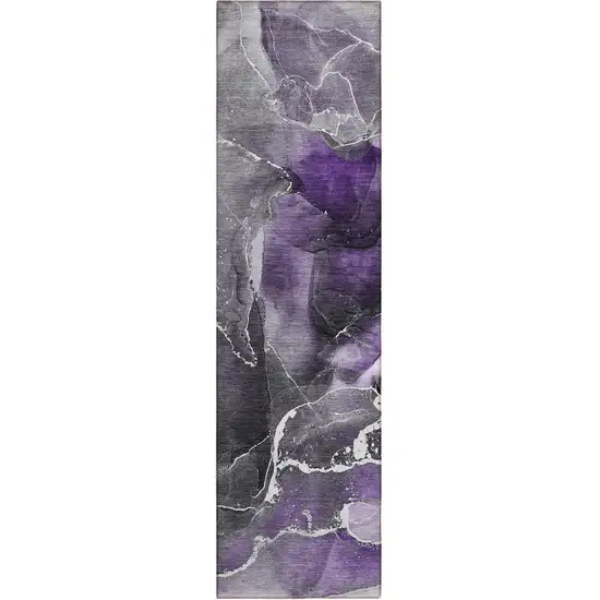 8' Runner Gray and Purple Abstract Washable Non Skid Indoor Outdoor Runner Rug Photo 2