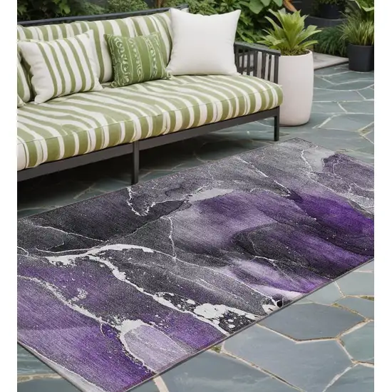 8' Runner Gray and Purple Abstract Washable Non Skid Indoor Outdoor Runner Rug Photo 1