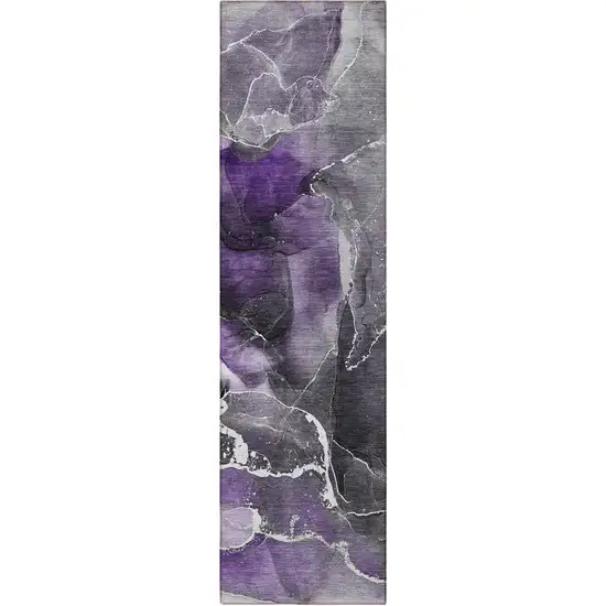 8' Runner Gray and Purple Abstract Washable Non Skid Indoor Outdoor Runner Rug Photo 5