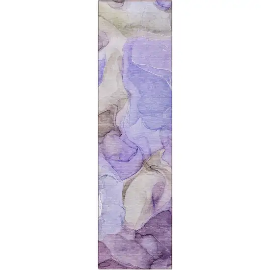 8' Runner Gray and Purple Abstract Washable Non Skid Indoor Outdoor Runner Rug Photo 4