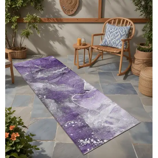 Gray and Purple Abstract Washable Non Skid Indoor Outdoor Runner Rug Photo 1