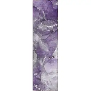 Photo of 8' Runner Gray and Purple Abstract Washable Non Skid Indoor Outdoor Runner Rug