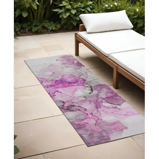 8' Runner Gray and Purple Abstract Washable Non Skid Indoor Outdoor Runner Rug Photo 1