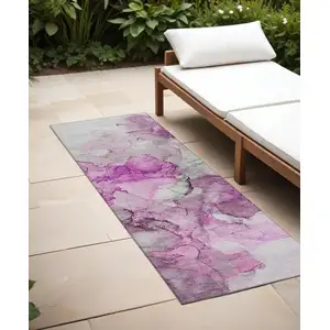 Photo of 8' Runner Gray and Purple Abstract Washable Non Skid Indoor Outdoor Runner Rug