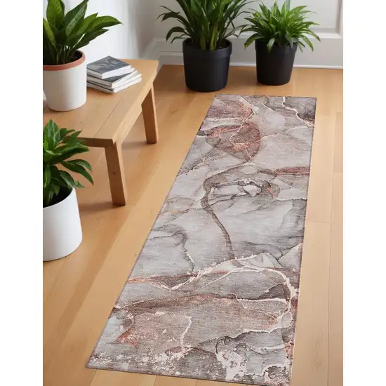 8' Runner Gray and Red Abstract Washable Non Skid Indoor Outdoor Runner Rug Photo 1