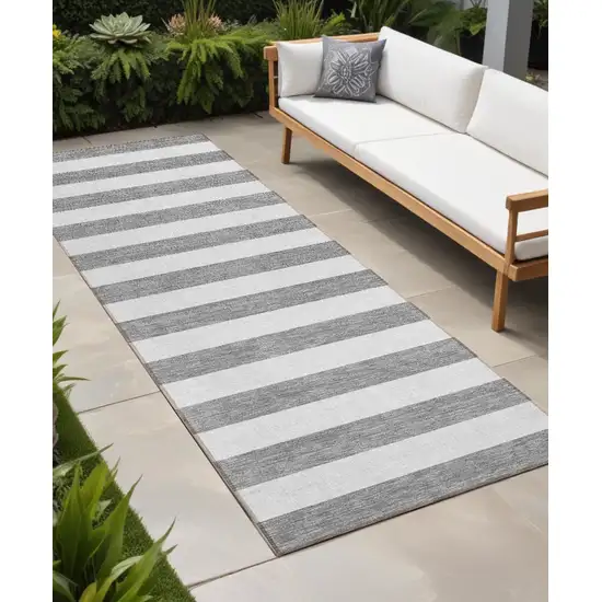 8' Runner Gray and White Striped Washable Non Skid Indoor Outdoor Runner Rug Photo 1