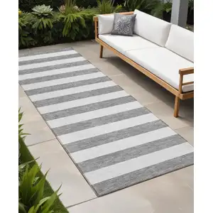 Photo of 8' Runner Gray and White Striped Washable Non Skid Indoor Outdoor Runner Rug