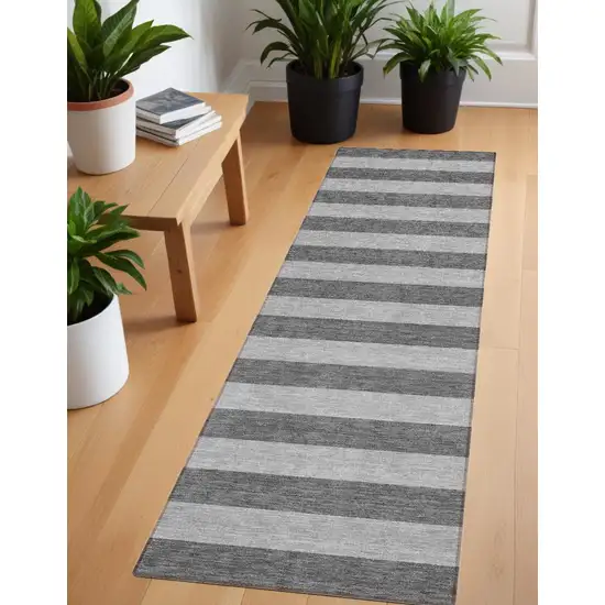 Gray and White Striped Washable Non Skid Indoor Outdoor Runner Rug Photo 1