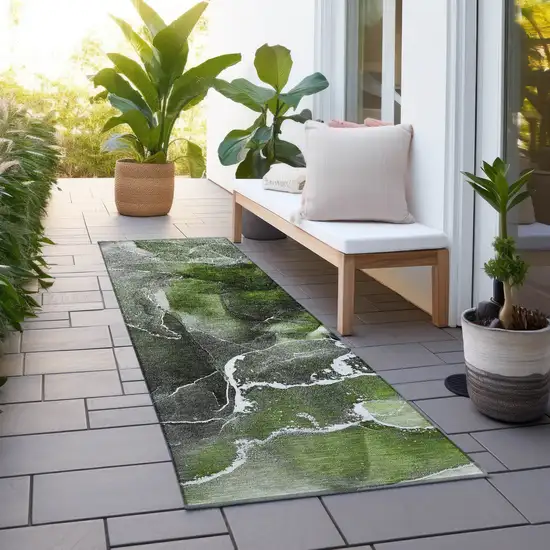 Green Abstract Washable Non Skid Indoor Outdoor Runner Rug Photo 8