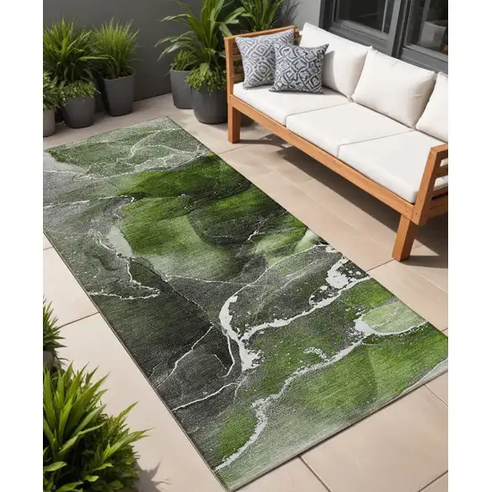 Green Abstract Washable Non Skid Indoor Outdoor Runner Rug Photo 1