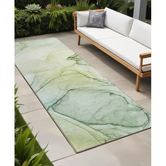 8' Runner Green Abstract Washable Non Skid Indoor Outdoor Runner Rug Photo 1